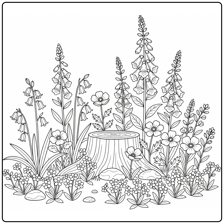kleurplaat bloemen met wilde bloemen rond een boomstronk
