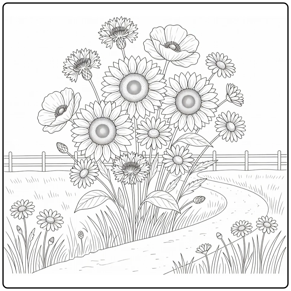 kleurplaat bloemen in vredige weide met pad en hek