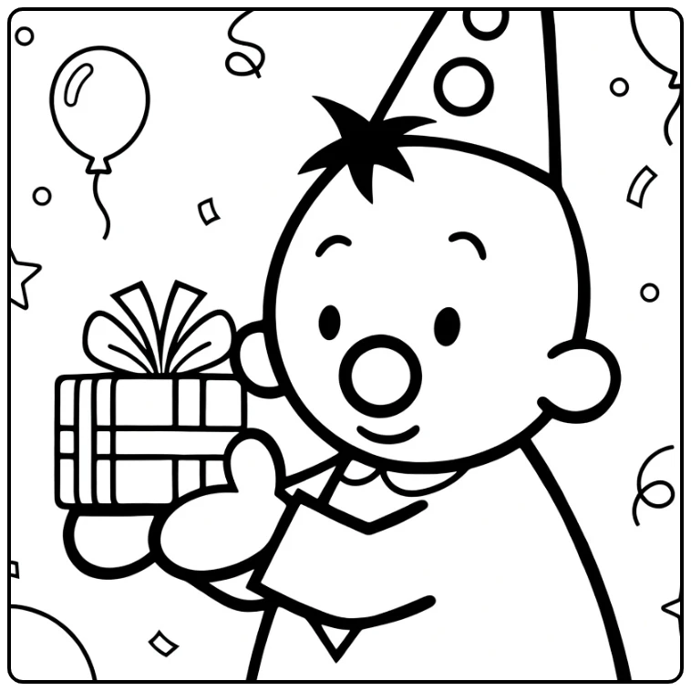 kleurplaat bumba met cadeau en ballonnen voor kids