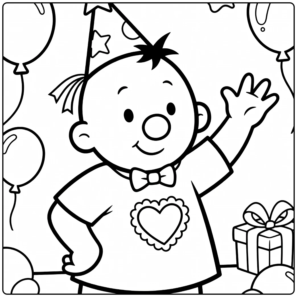 Kleurplaat bumba met ballonnen en cadeau