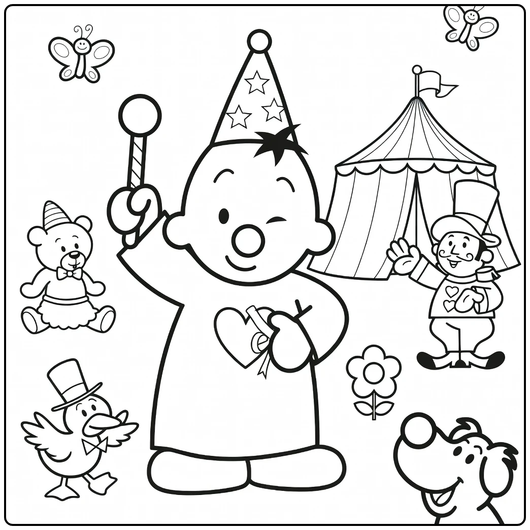 Kleurplaat bumba met clown tent en dieren