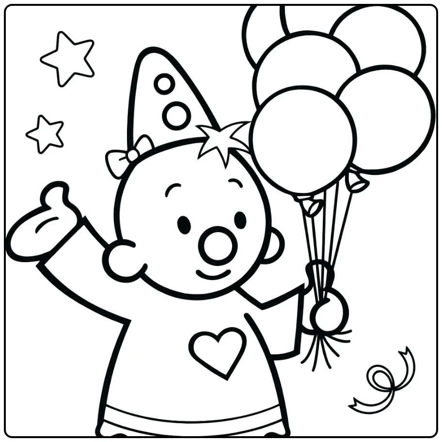 Kleurplaat bumba met ballonnen en sterren voor kids