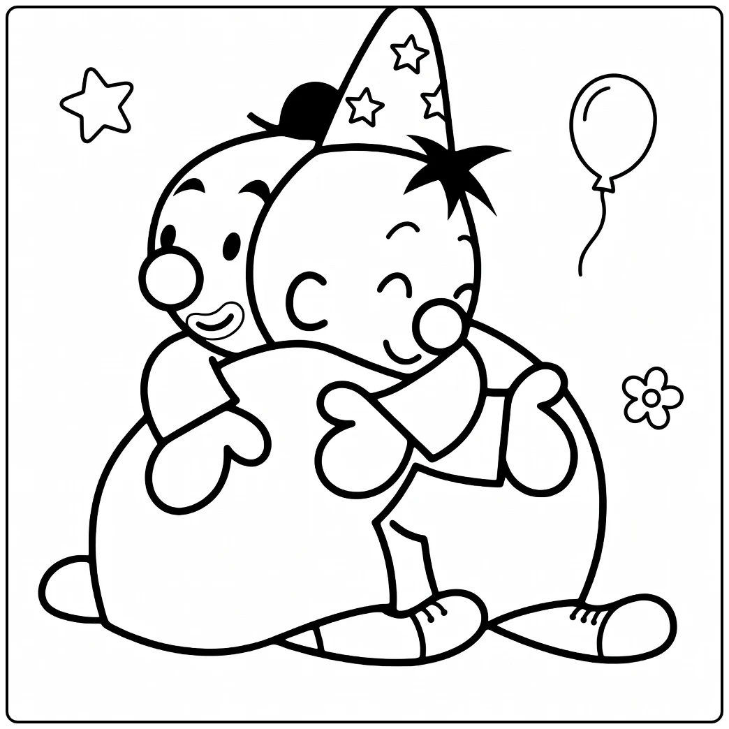 Kleurplaat bumba met feesthoed ballon en sterren
