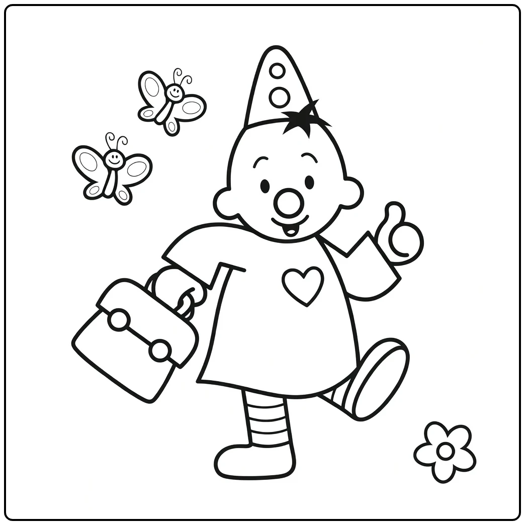 Kleurplaat bumba met clown, vlinders en bloem