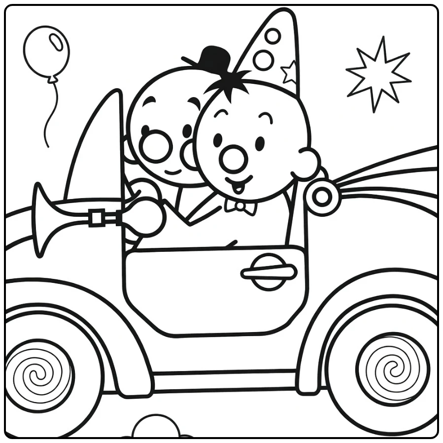 kleurplaat bumba met clown in auto en ballon