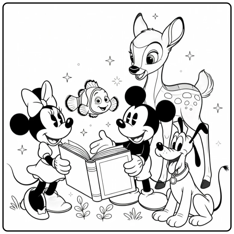 Kleurplaat Disney: Nemo, Bambi, Mickey, Minnie & Pluto