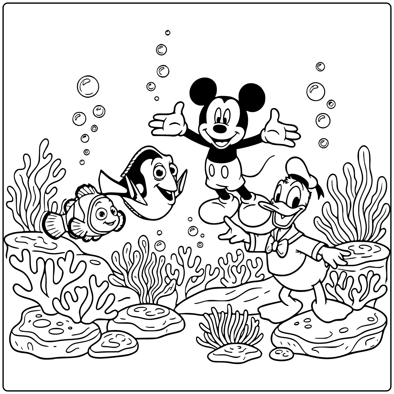 Kleurplaat Disney: Nemo, Dory, Micky en Donald onderwater