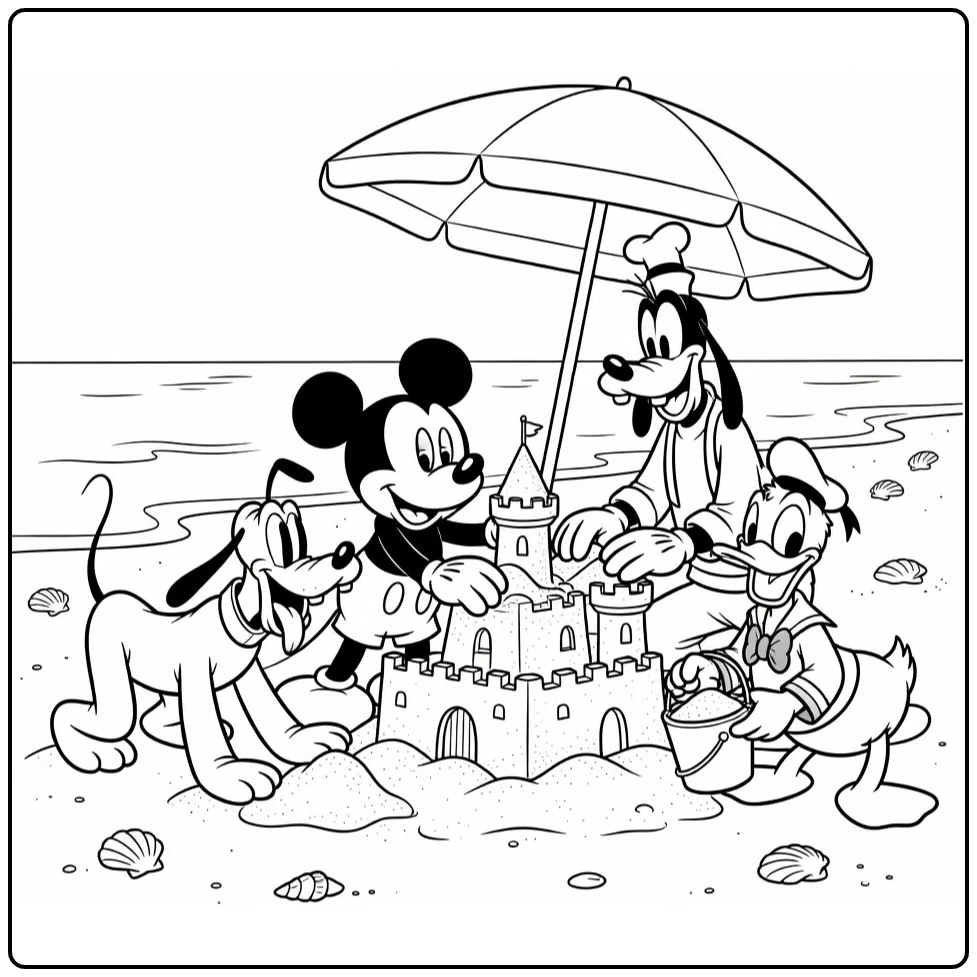 Kleurplaat Disney: Micky, Pluto, Goofy en Donald bouwen zandkasteel