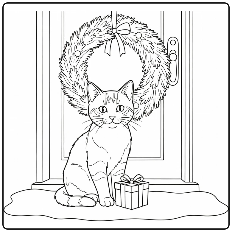 kleurplaat kerst kitten op sneeuwstoep met krans cadeau
