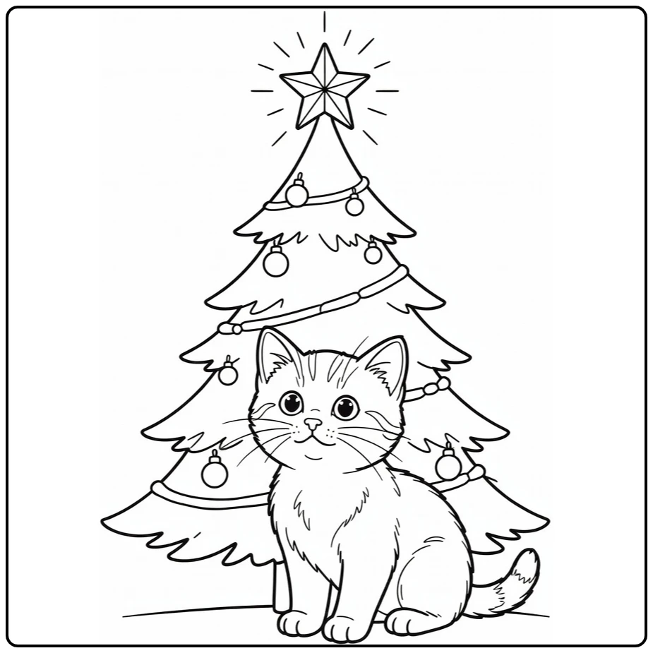 Kleurplaat kerst kitten kijkt naar gloeiende ster