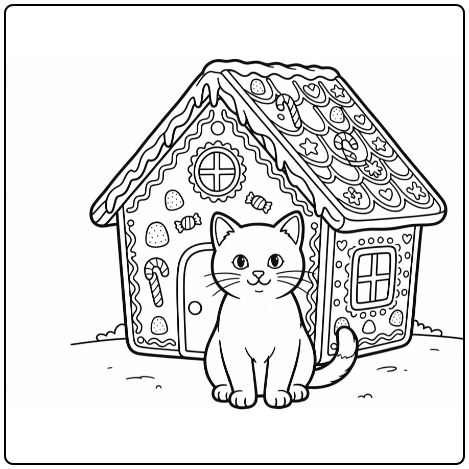 kleurplaat kerst kitten voor peperkoekhuisje