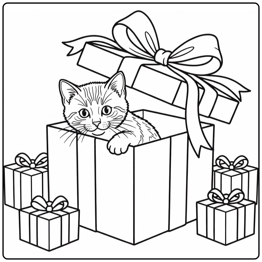 kleurplaat kerst kitten peekt uit open cadeau met grote strik