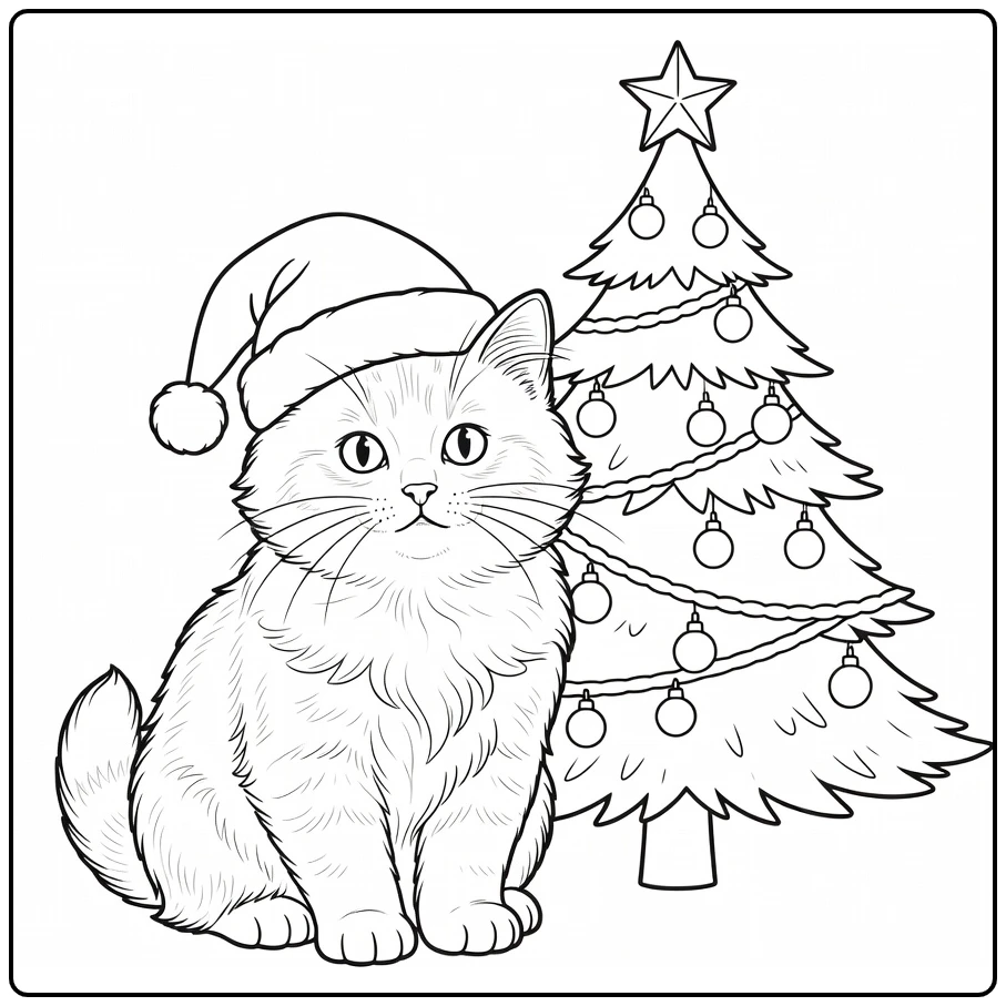 kleurplaat kerst kitten met kerstmuts bij boom