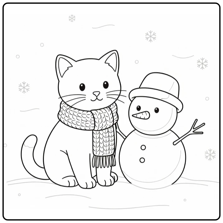 Kleurplaat kerst kitten met sjaal bij sneeuwpop