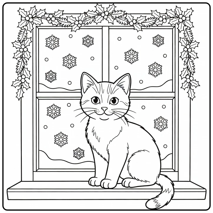 Kleurplaat kerst kitten op vensterbank met sneeuw en slinger