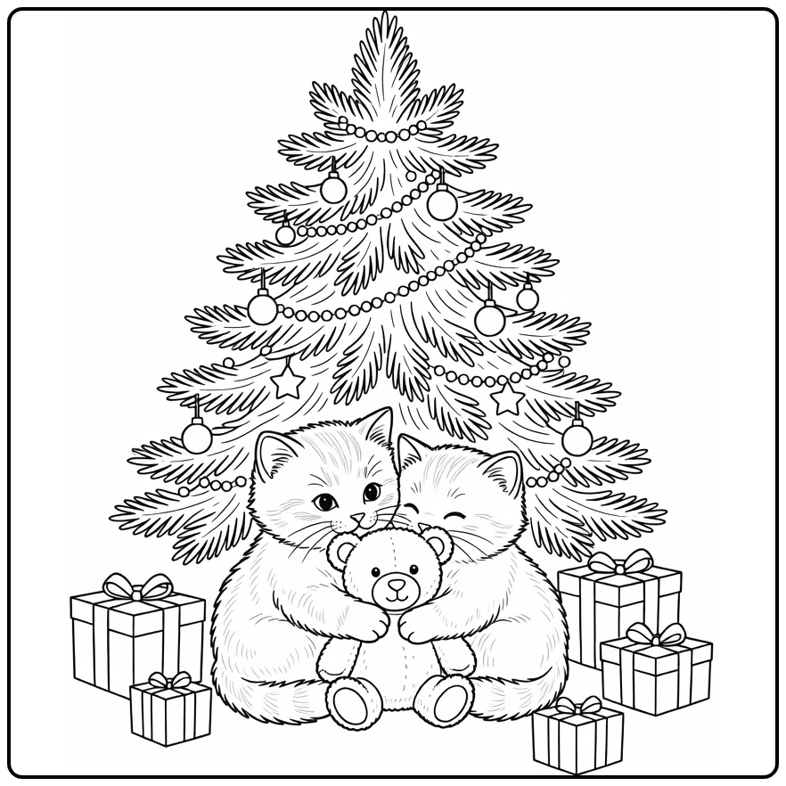 kleurplaat kerst kitten knuffelt teddybeer onder boom