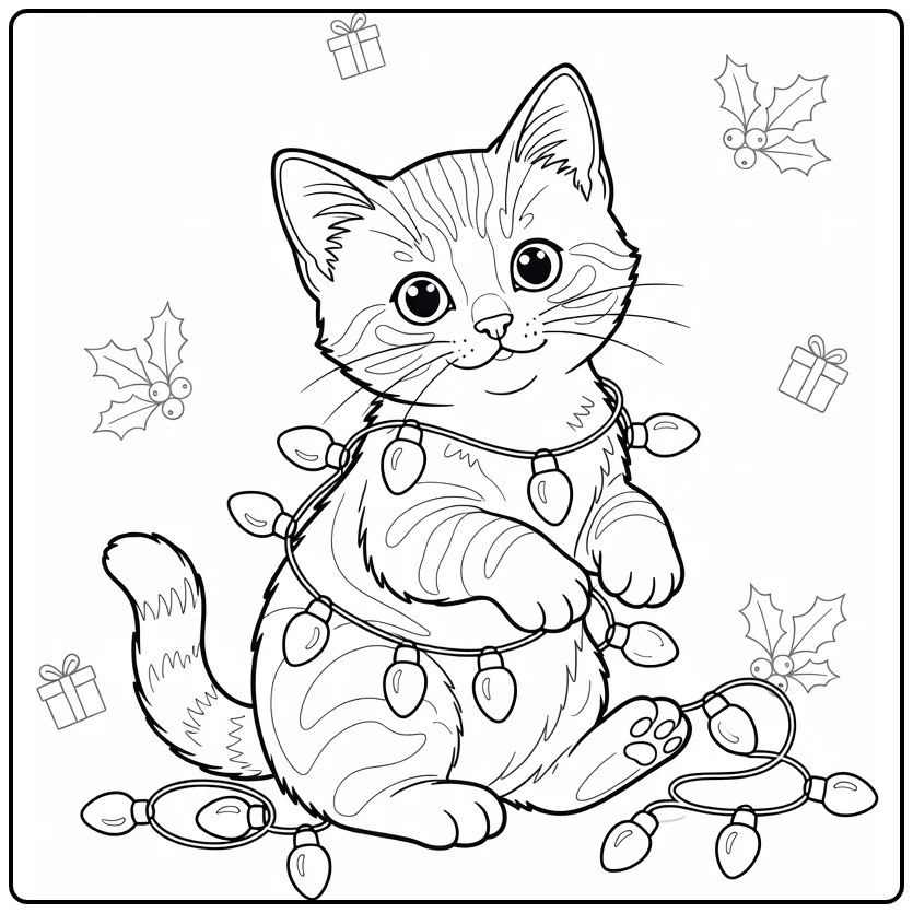 kleurplaat kerst kitten verstrikt in lichtslingers, schattig