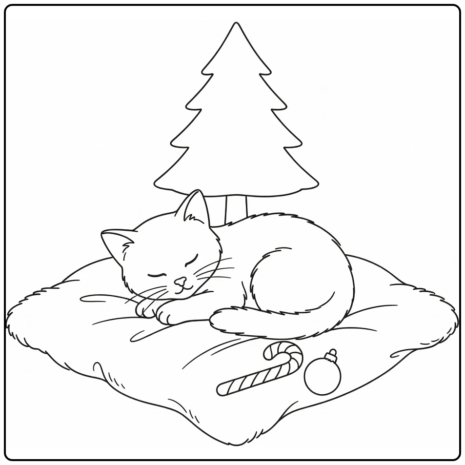 Kleurplaat kerst kitten slapend op dekentje onder boom