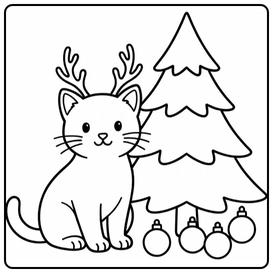 kleurplaat kerst kitten met rendiergewei en kerstboom