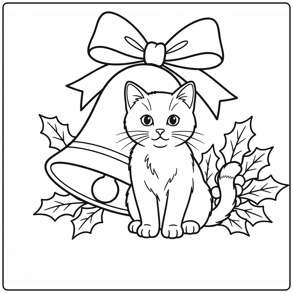kleurplaat kerst kitten bij kerstbel met strik en hulst