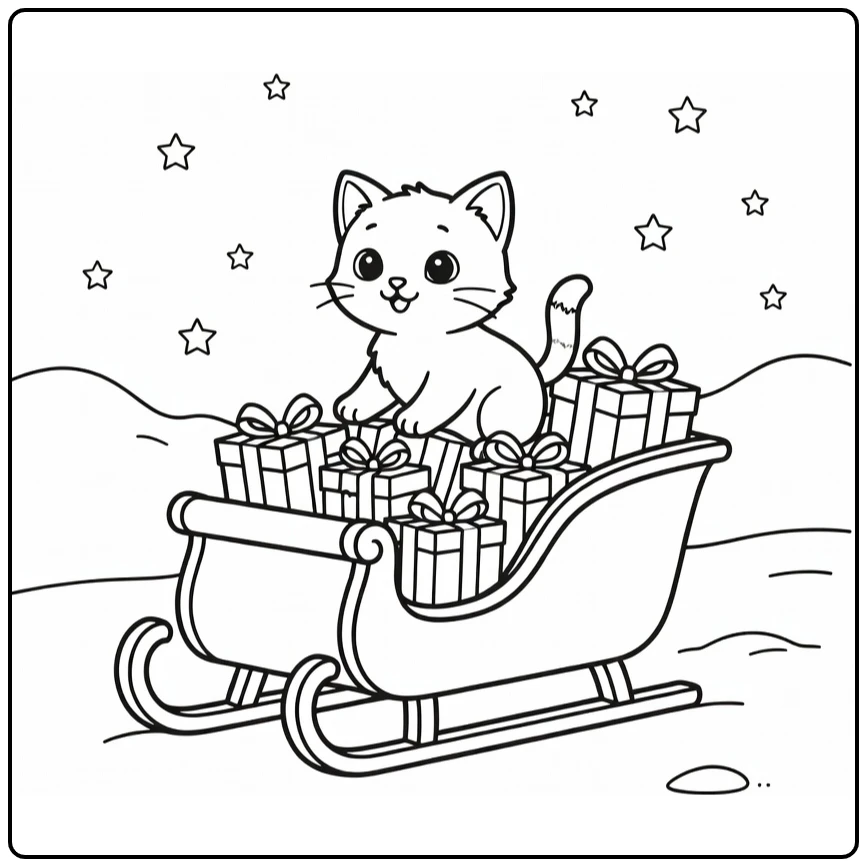 kleurplaat kerst kitten in slee met cadeaus en sneeuw
