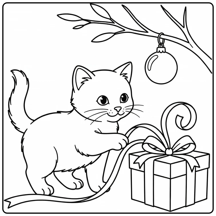 Kleurplaat kerst kitten met lint op cadeau en boomtak
