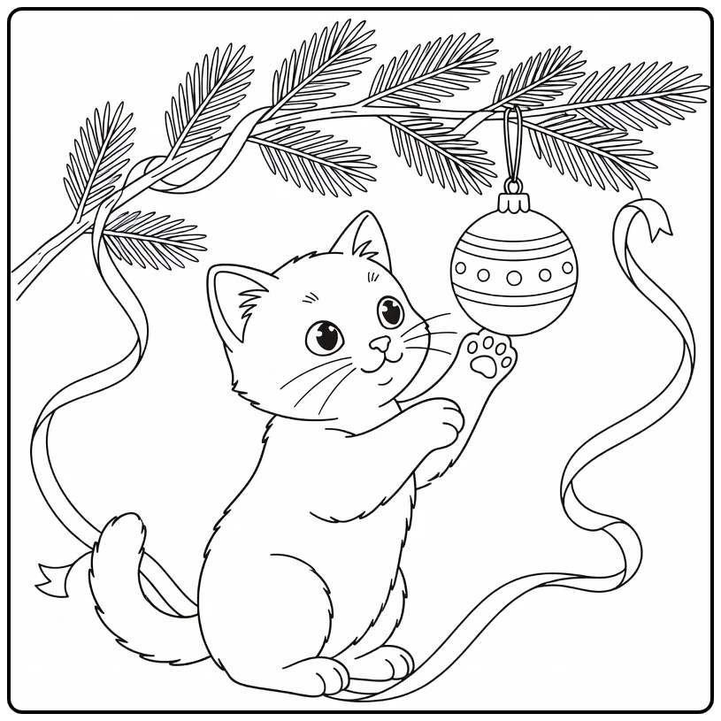 kleurplaat kerst kitten slaat naar hangende kerstbal aan tak