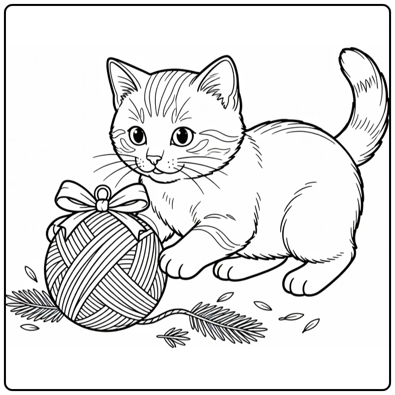 Kleurplaat kerst kitten met wolkerstbal, strik en dennen