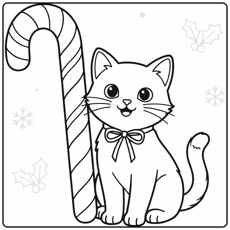 kleurplaat kerst kitten naast grote zuurstok met strik