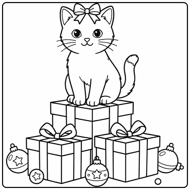Kleurplaat kerst kitten op cadeaustapel met strik en ornamenten