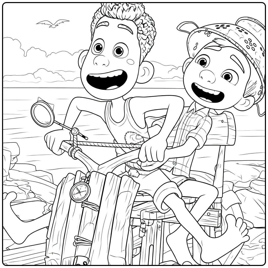 Kleurplaat Luca: Luca en Alberto op houten fiets aan zee