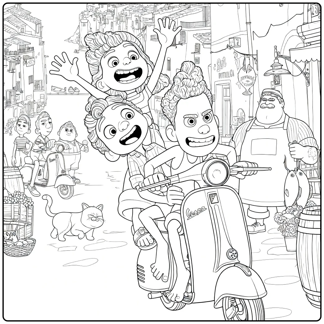 Kleurplaat Luca: Luca en Alberto op Vespa in Portorosso