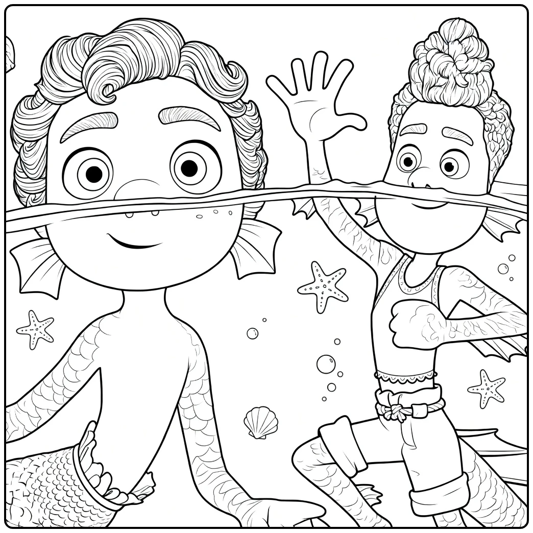 Kleurplaat Luca: Luca en Alberto als zeemonsters