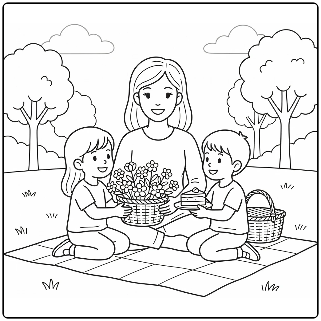 Kleurplaat moederdag: moeder op picknick met bloemen