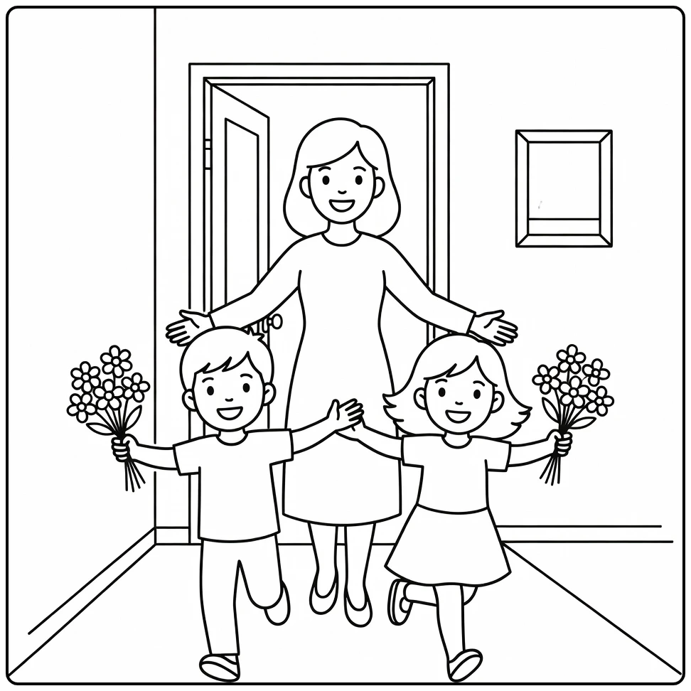 Kleurplaat moederdag: moeder knuffelt kinderen met bloemen