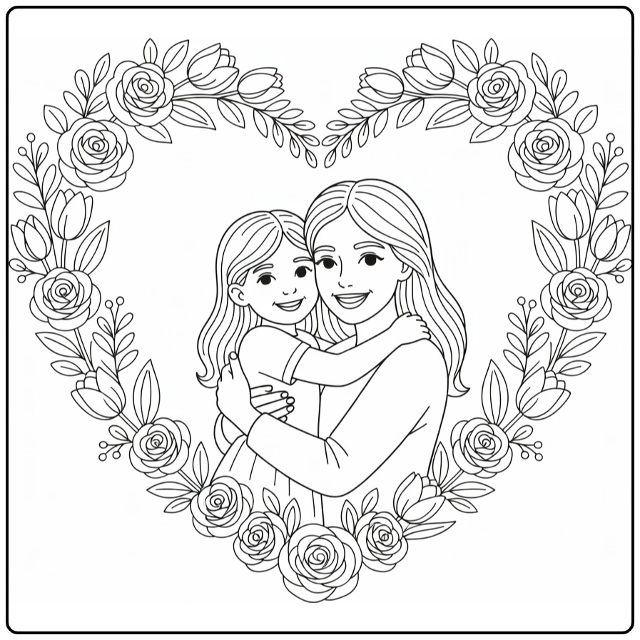 kleurplaat moederdag: moeder en kind in hartvormige bloemkrans