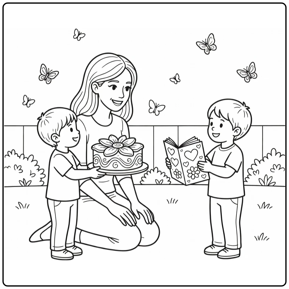 Kleurplaat moederdag: kinderen geven bloemtaart aan moeder