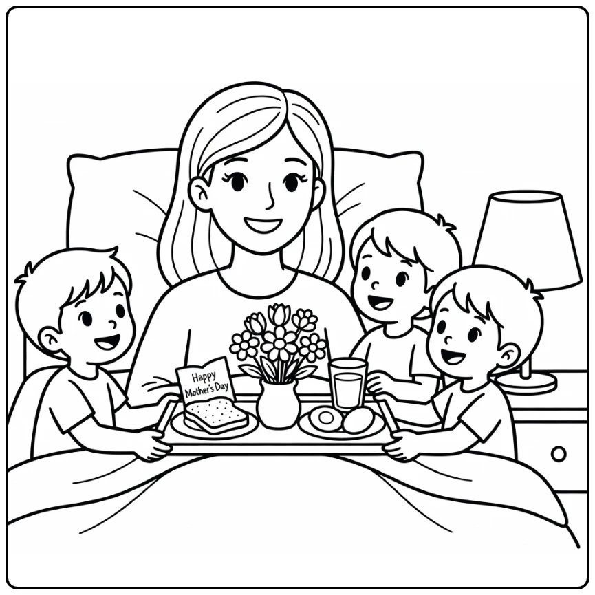 Kleurplaat moederdag: kinderen brengen mama ontbijt in bed