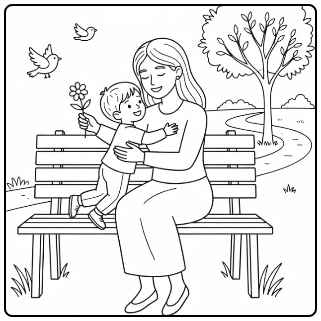 kleurplaat moederdag: moeder knuffelt kind met bloem op bank