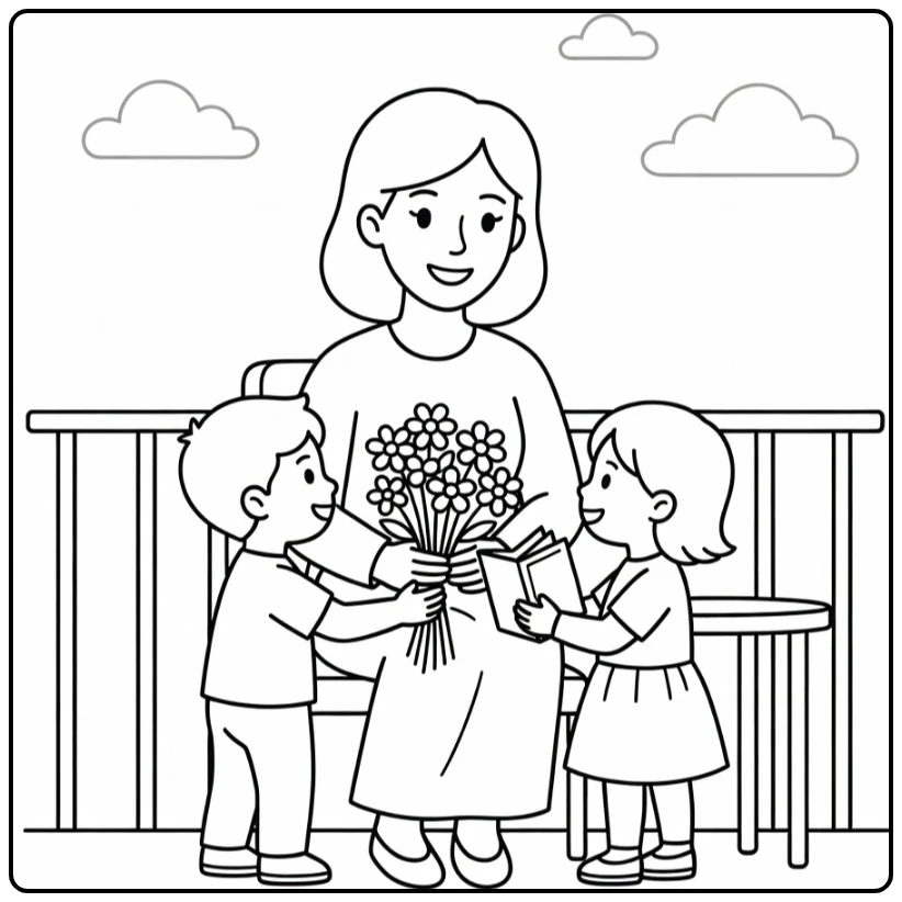 kleurplaat moederdag glimlachende moeder op balkon met bloemen