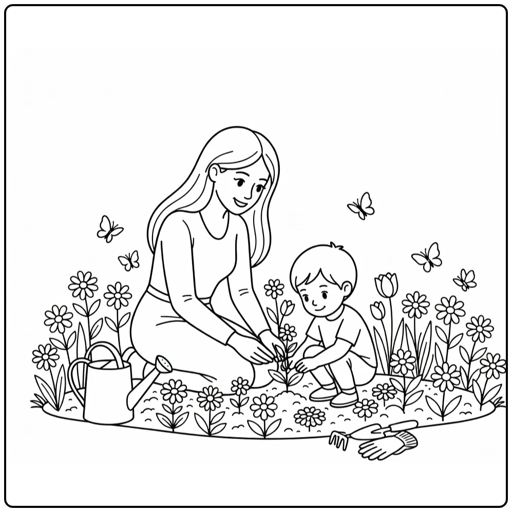 Kleurplaat moederdag: moeder en kind planten bloemen