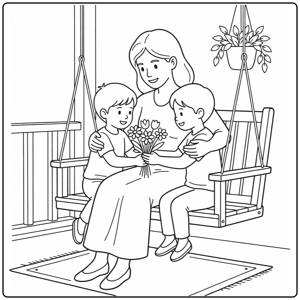 Kleurplaat moederdag: moeder op verandaschommel met bloemen en knuffel