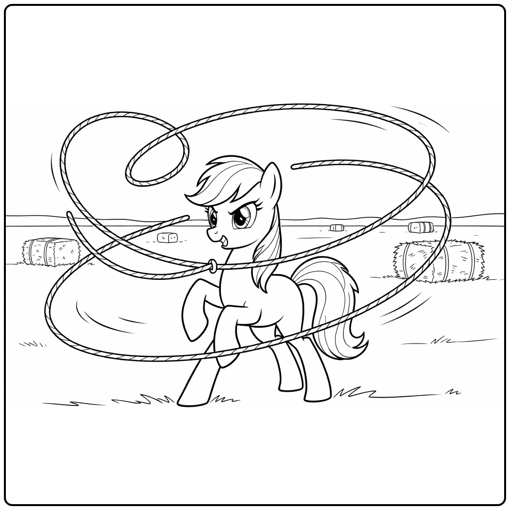 kleurplaat my little pony applejack oefent lasso op veld