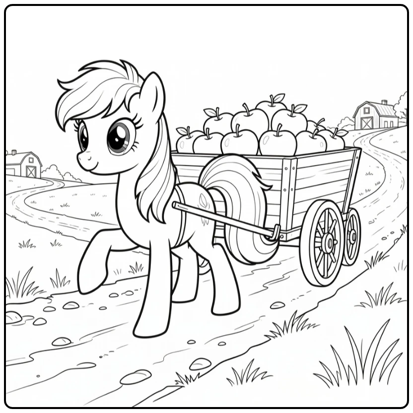 kleurplaat my little pony applejack trekt appelkar bergop