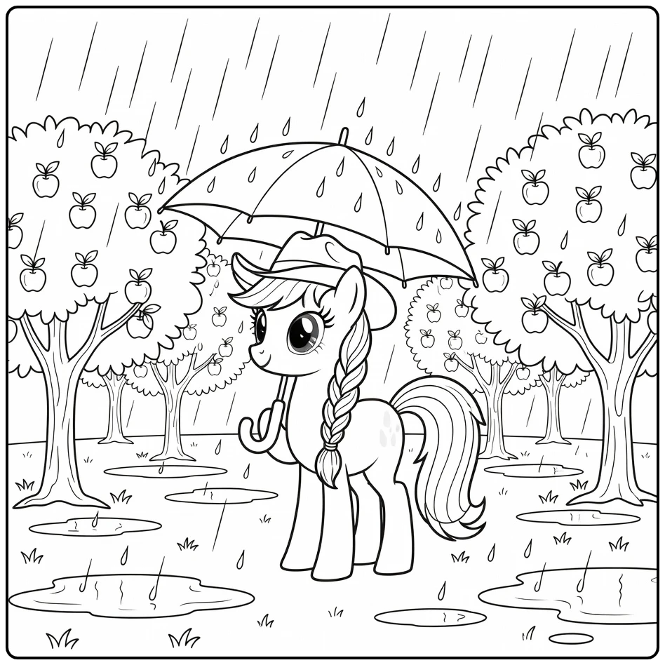 kleurplaat my little pony applejack met paraplu in regen