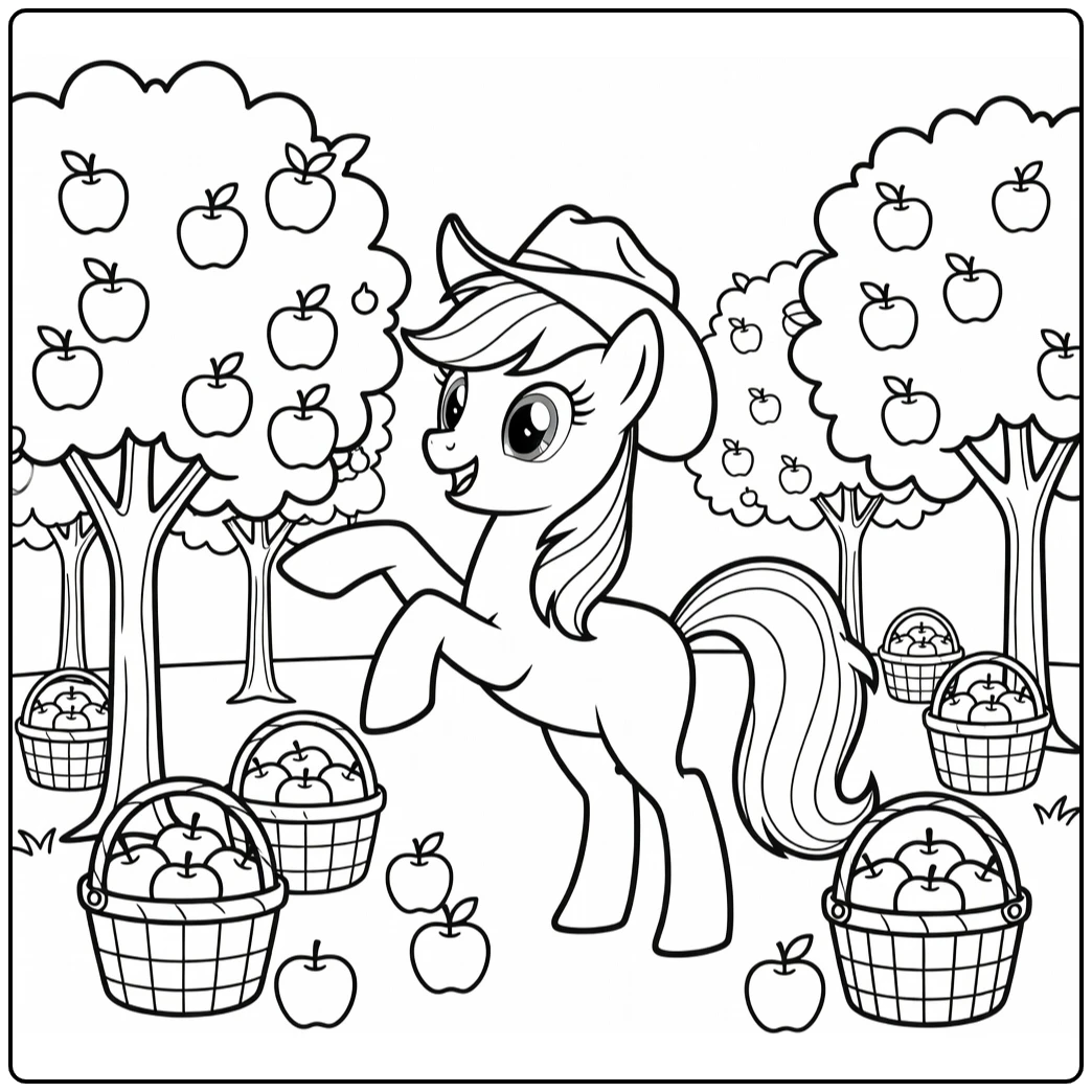 kleurplaat my little pony applejack plukt appels in boomgaard