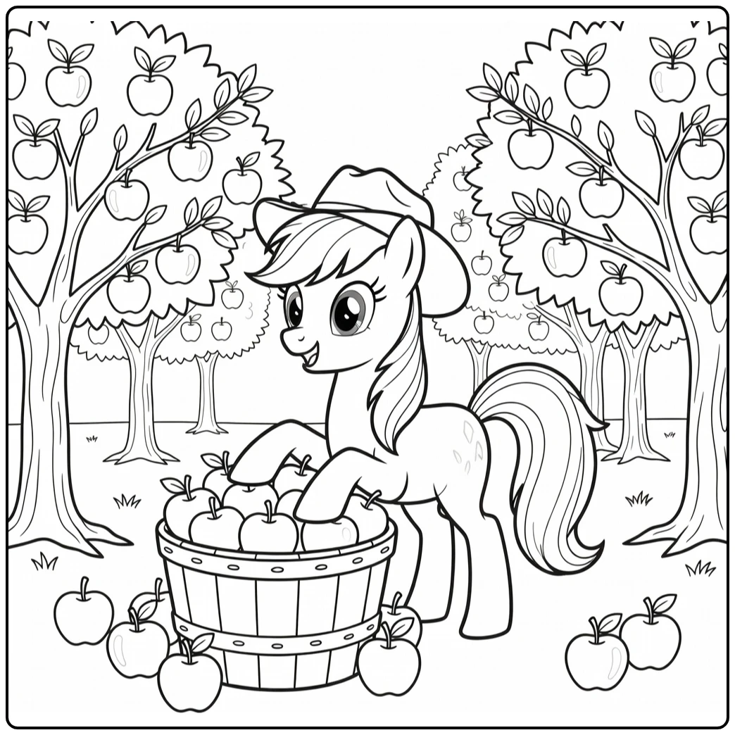 Kleurplaat My Little Pony Applejack oogst appels in boomgaard