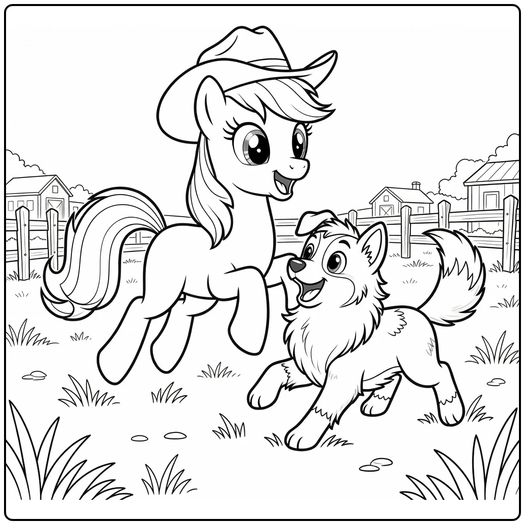kleurplaat my little pony applejack met Winona vrolijk spelend