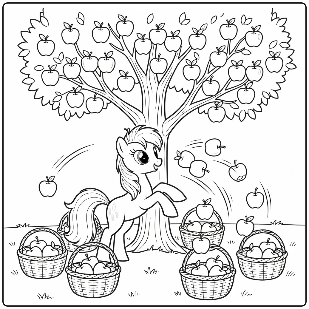 kleurplaat my little pony applejack appeltrappendwedstrijd, appels in manden