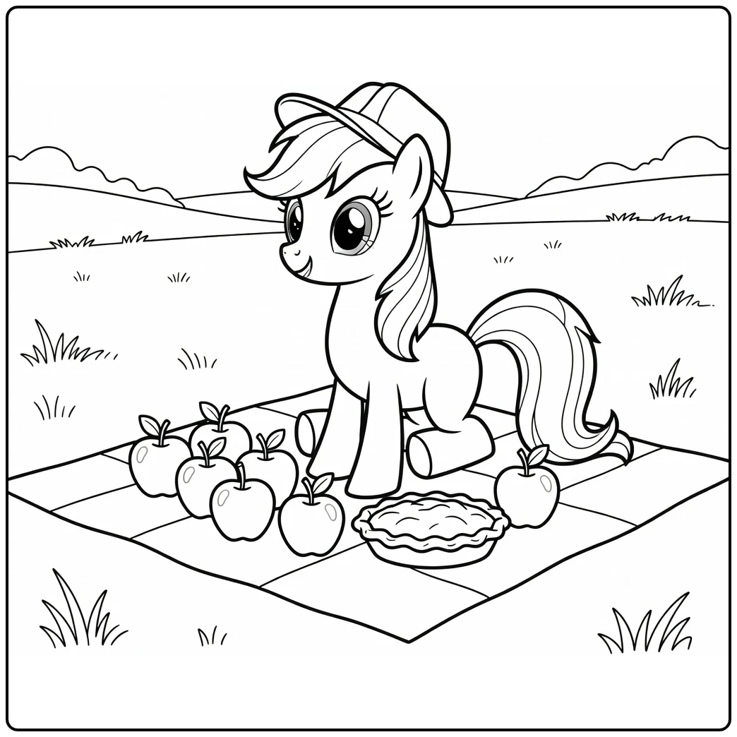 kleurplaat my little pony applejack picknick appels taart weide